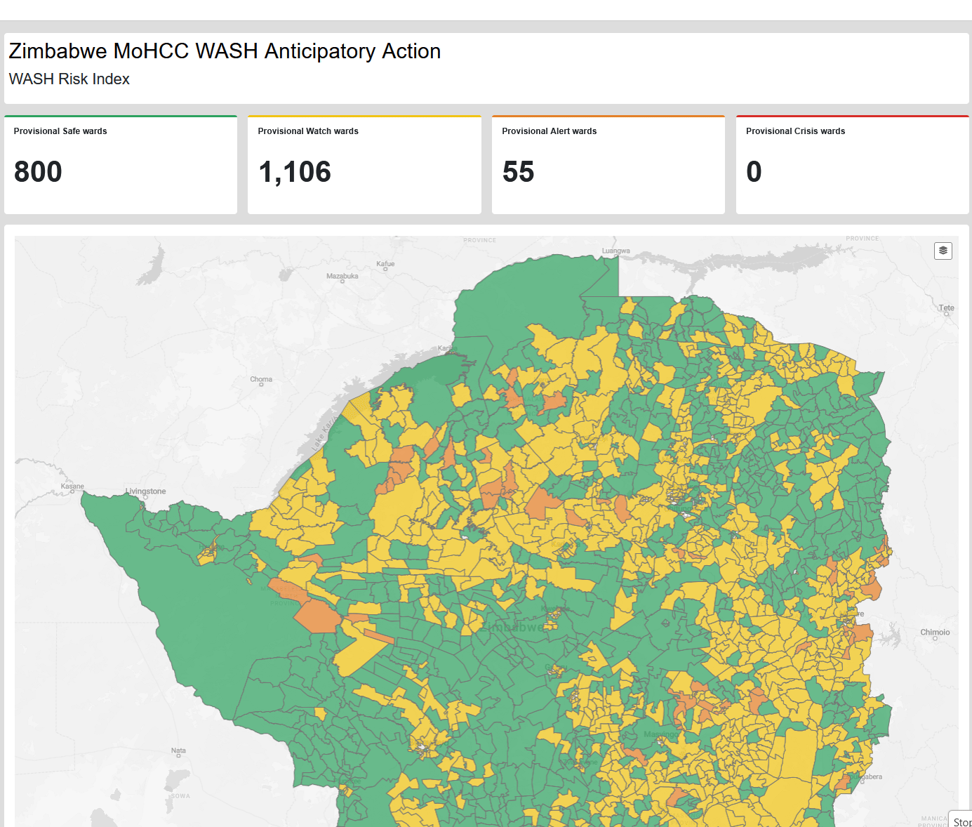 Zimbabwe WASH Anticipatory Action dashboard showing ward risk levels on a map.